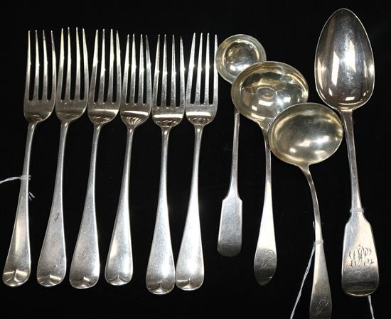 Pair of Scottish George III silver sauce ladles, a toddy ladle, 6 Hanover pattern forks and an Irish Wm IV fiddle pattern tablespoon